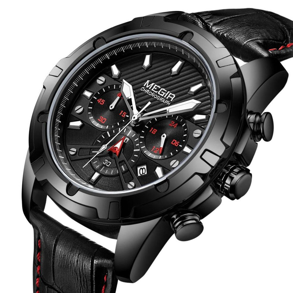 MEGIR 2102 men's chronograph watch, black case with black dial, red accents and black leather strap, front view