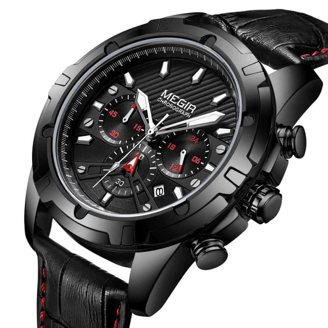 MEGIR 2102 men's chronograph watch, black case with black dial, red accents and black leather strap, front view