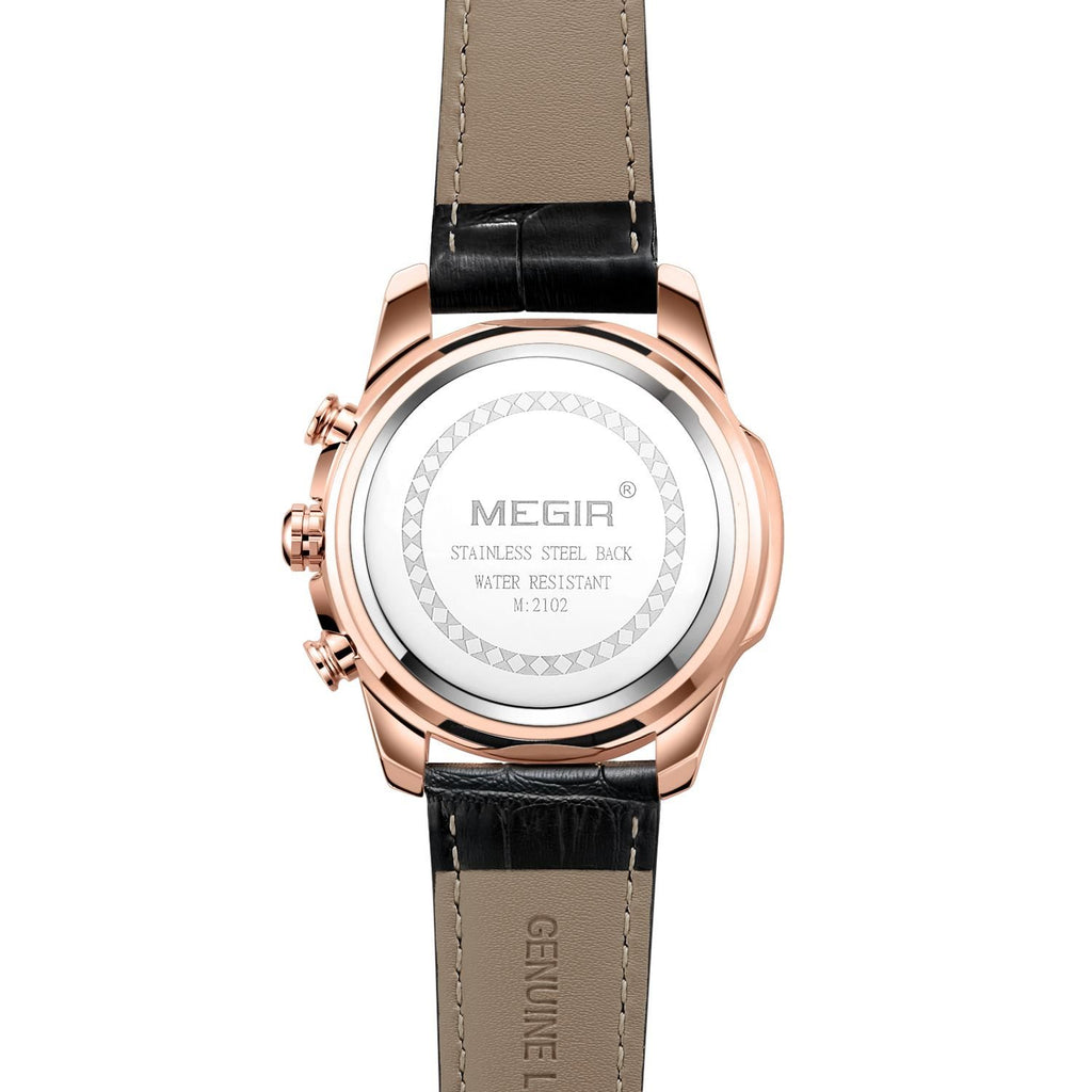 MEGIR 2102 men's chronograph watch caseback with engravings and black leather strap