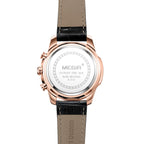 MEGIR 2102 men's chronograph watch caseback with engravings and black leather strap