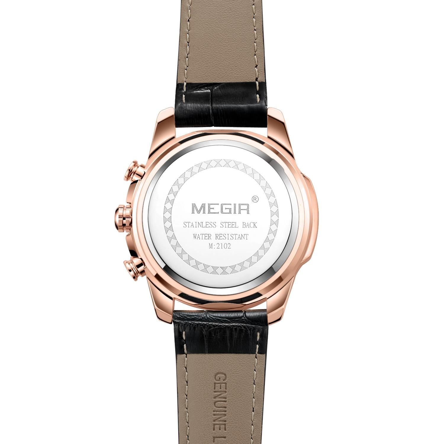 MEGIR 2102 men's chronograph watch caseback with engravings and black leather strap