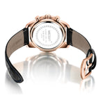 MEGIR 2102 men's chronograph watch caseback with engravings and black leather strap with buckle