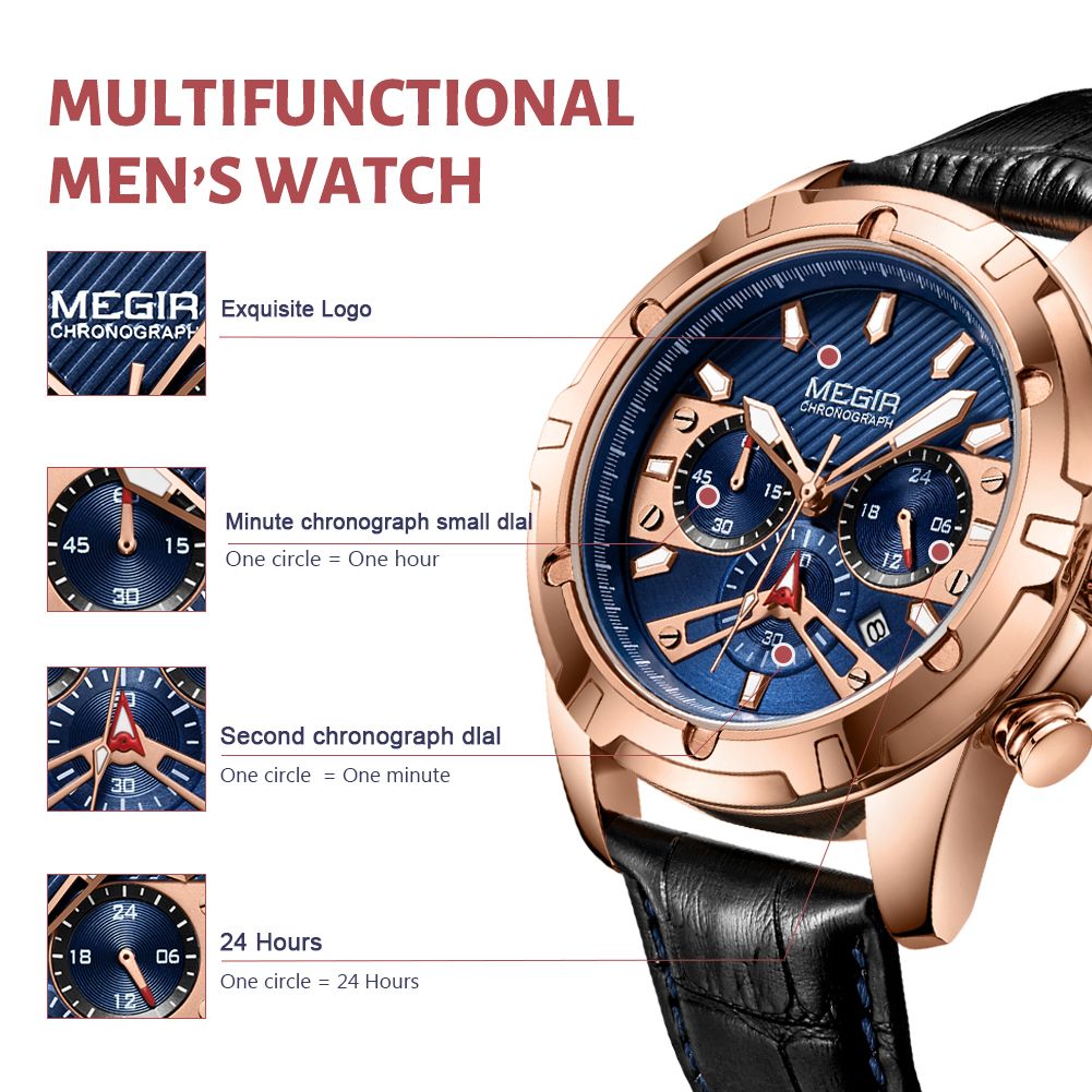 MEGIR 2102 men's chronograph watch feature graphic explaining the minute, second and 24-hour sub-dials