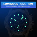 MEGIR 2102 men's chronograph watch feature graphic showing luminous hands and markers glowing in the dark
