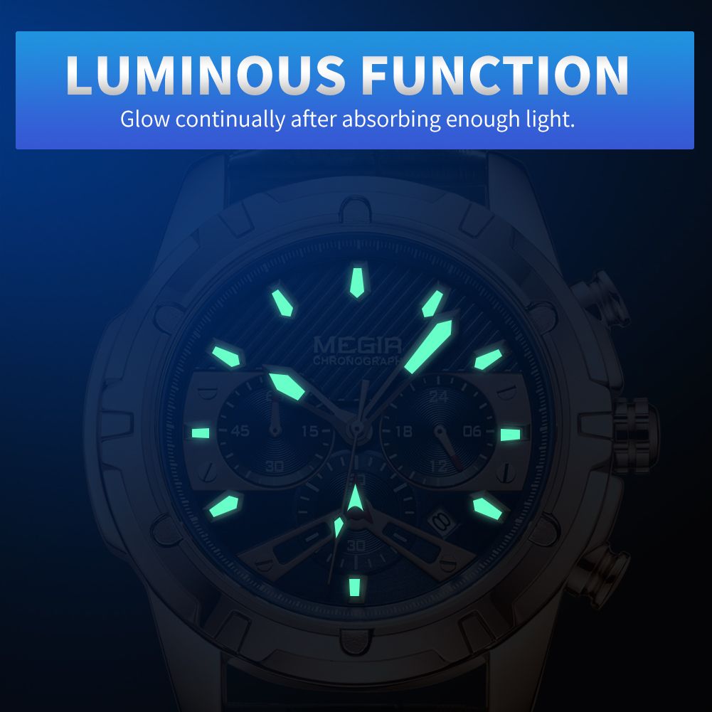 MEGIR 2102 men's chronograph watch feature graphic showing luminous hands and markers glowing in the dark