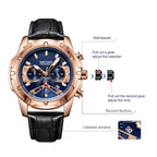 MEGIR 2102 men's chronograph watch operation graphic showing the start, calendar and reset buttons and crown