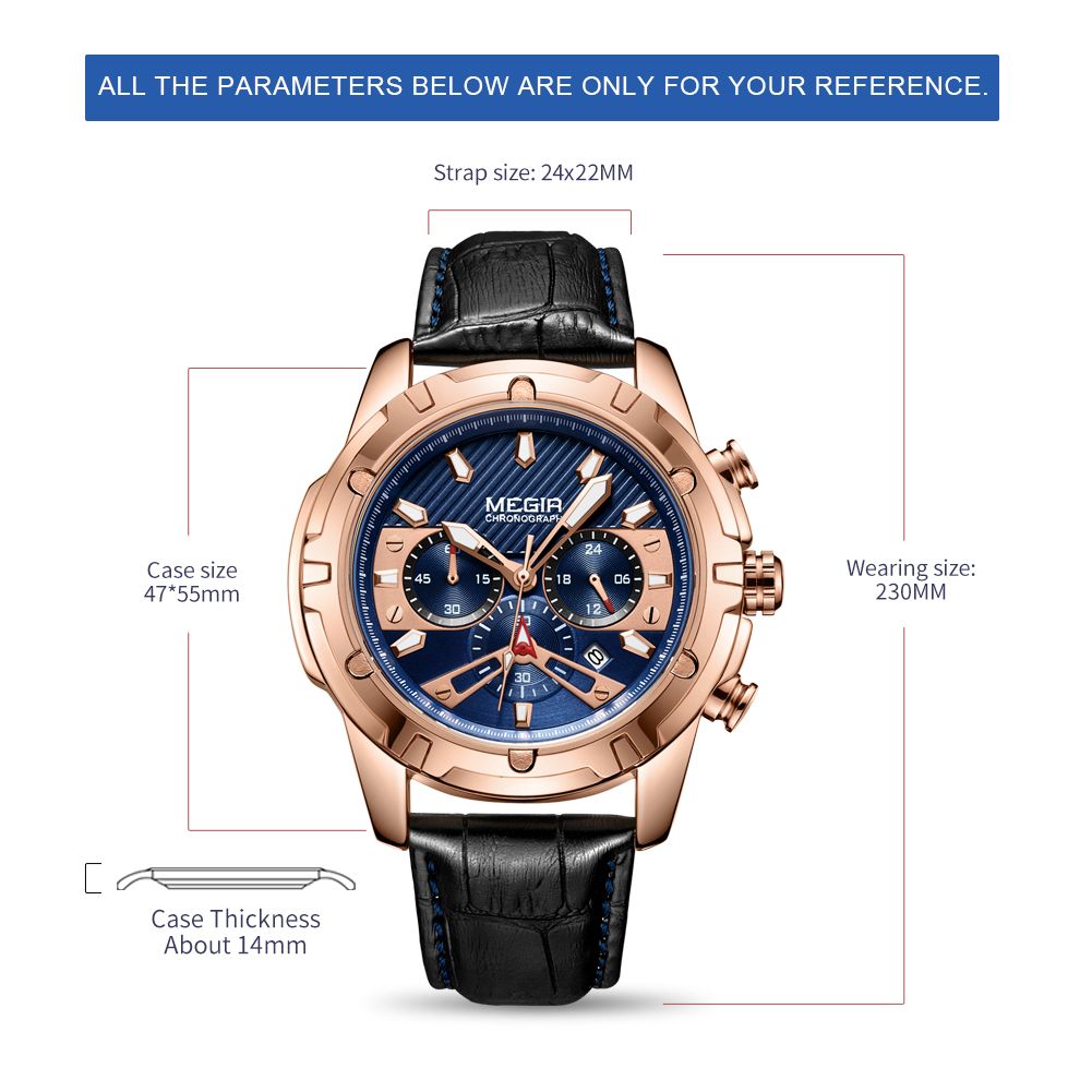 MEGIR 2102 men's chronograph watch parameters graphic with strap size, case size and thickness