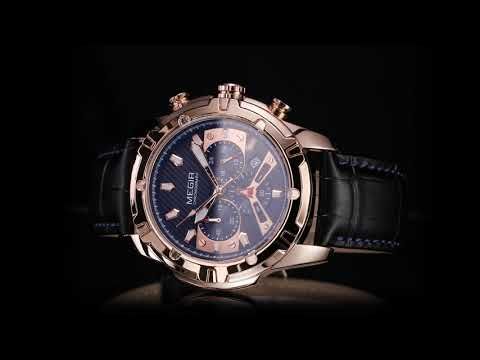MEGIR 2102 men's chronograph watch product video thumbnail, rose-gold case with blue dial and black leather strap