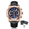 MEGIR 2102 men's chronograph watch, rose-gold case with blue dial and black leather strap, with gift box