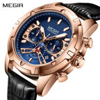 MEGIR 2102 men's chronograph watch, rose-gold case with blue dial and black leather strap, front studio view
