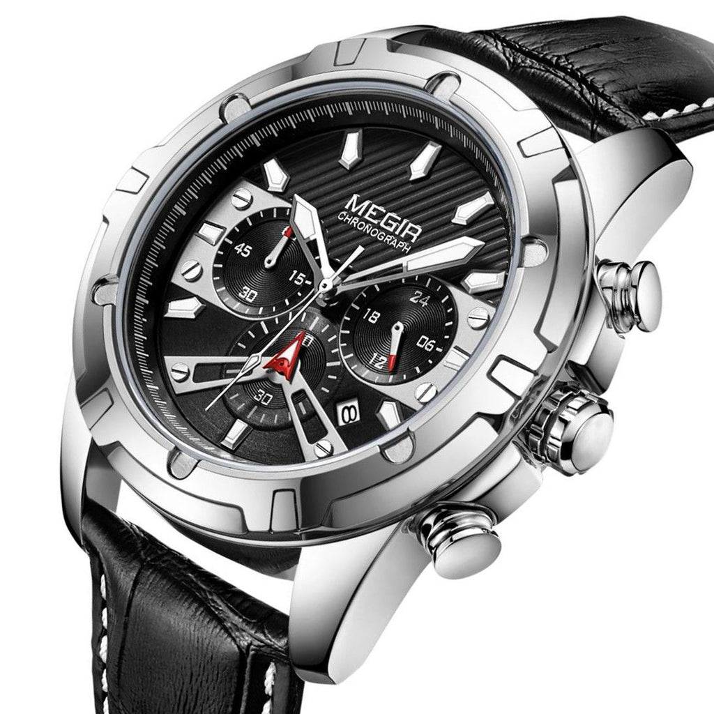 MEGIR 2102 men's chronograph watch, silver case with black dial and black leather strap, front view