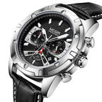 MEGIR 2102 men's chronograph watch, silver case with black dial and black leather strap, front view