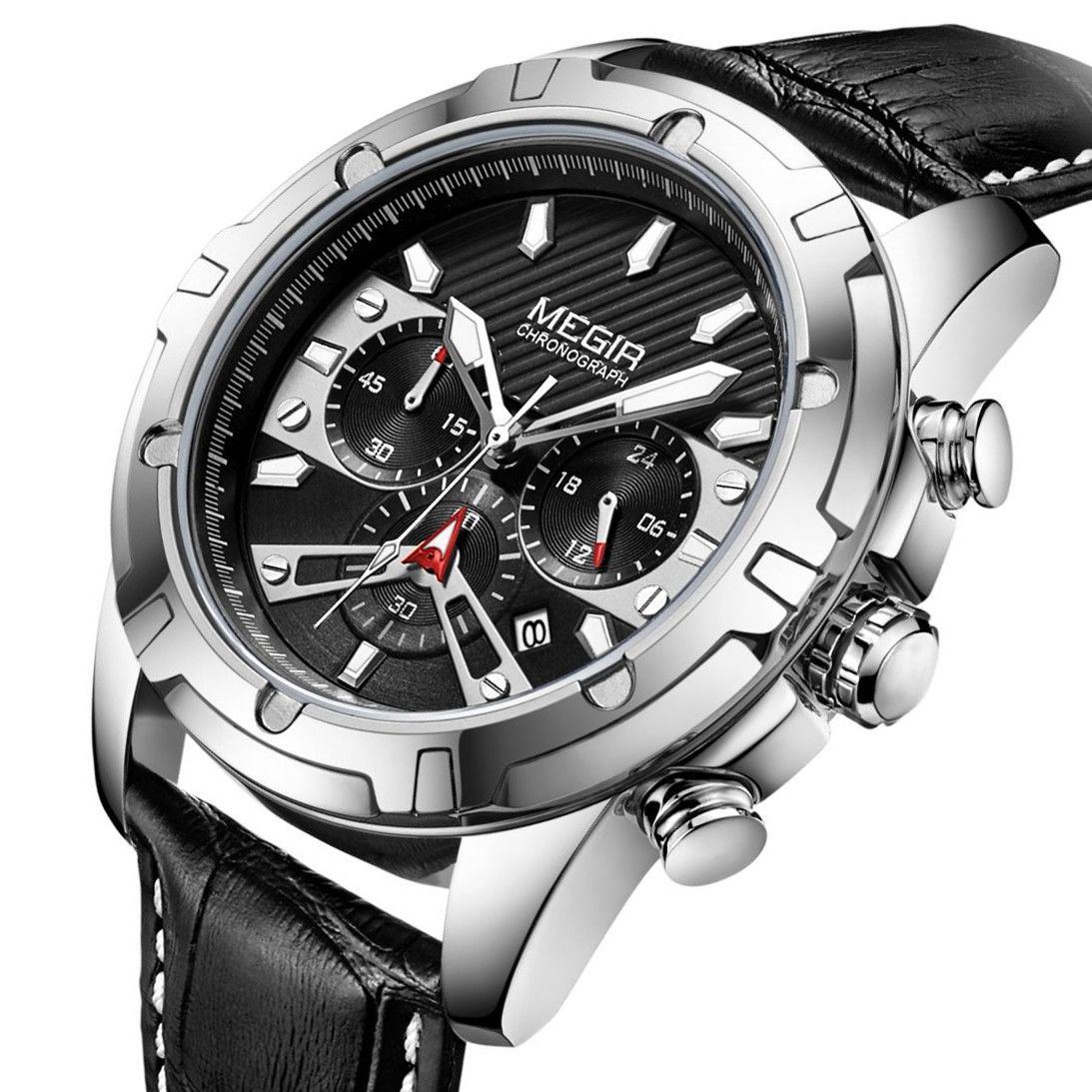 MEGIR 2102 men's chronograph watch, silver case with black dial and black leather strap, front view
