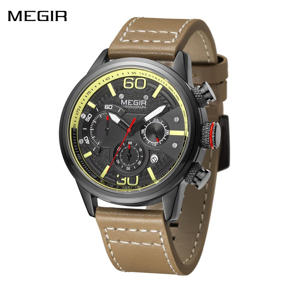 MEGIR 2110 men's chronograph watch, black case with black dial, yellow accents and brown leather strap, front view