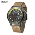 MEGIR 2110 men's chronograph watch, black case with black dial, yellow accents and brown leather strap, front view