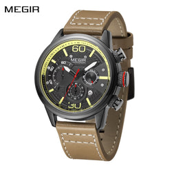 MEGIR 2110 men's chronograph watch, black case with black dial, yellow accents and brown leather strap, front view