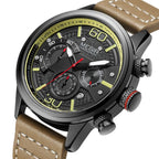 MEGIR 2110 men's chronograph watch, black case with black dial, yellow accents and brown leather strap, side angle view