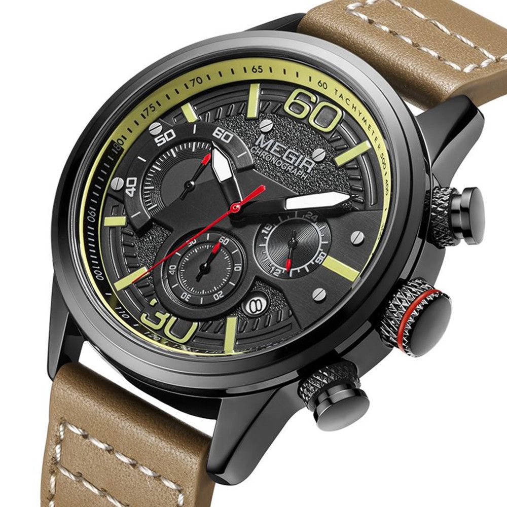MEGIR 2110 men's chronograph watch, black case with black dial, yellow accents and brown leather strap, side angle view