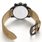 MEGIR 2110 men's chronograph watch caseback with engravings and brown leather strap with buckle