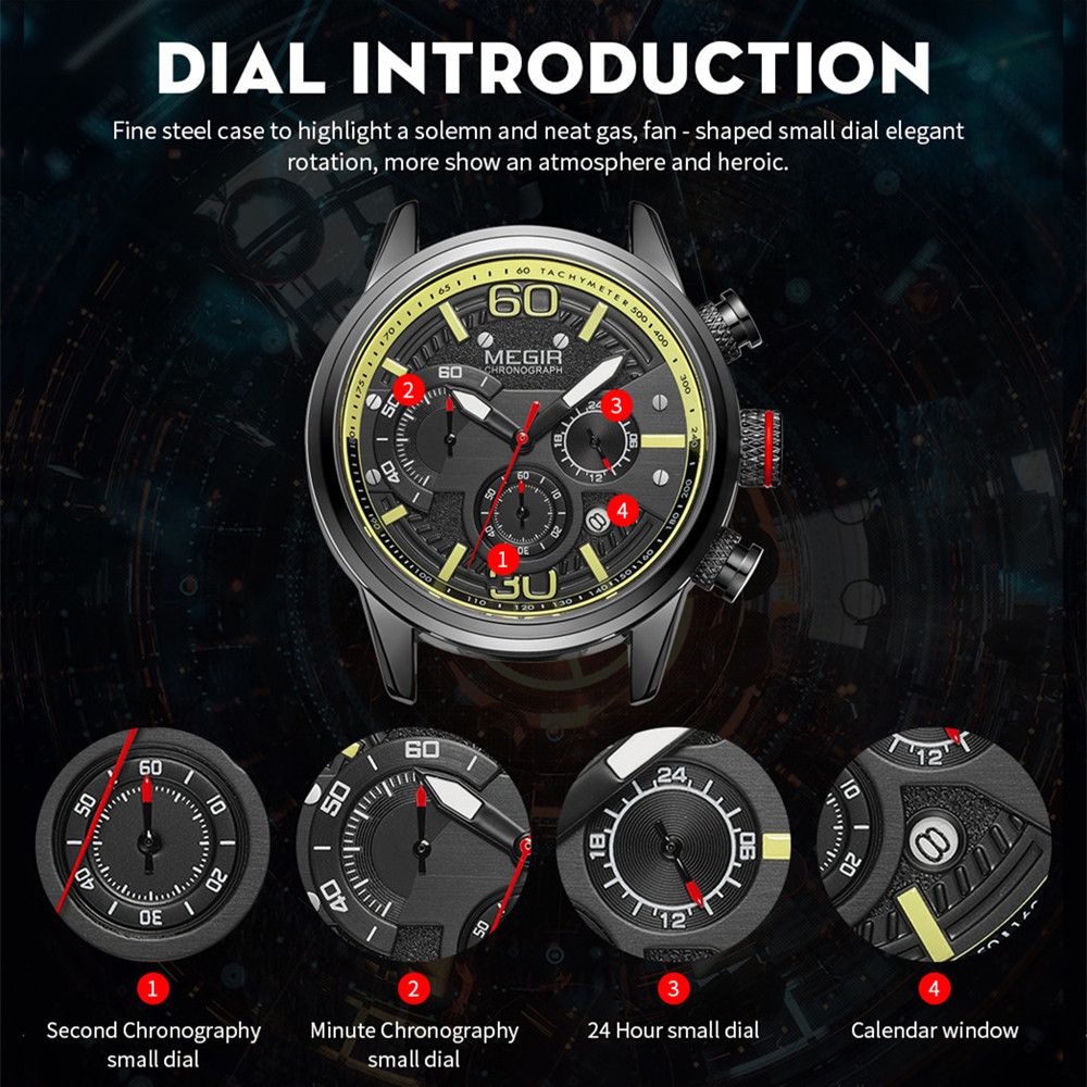 MEGIR 2110 men's chronograph watch feature graphic explaining the second, minute and 24-hour sub-dials