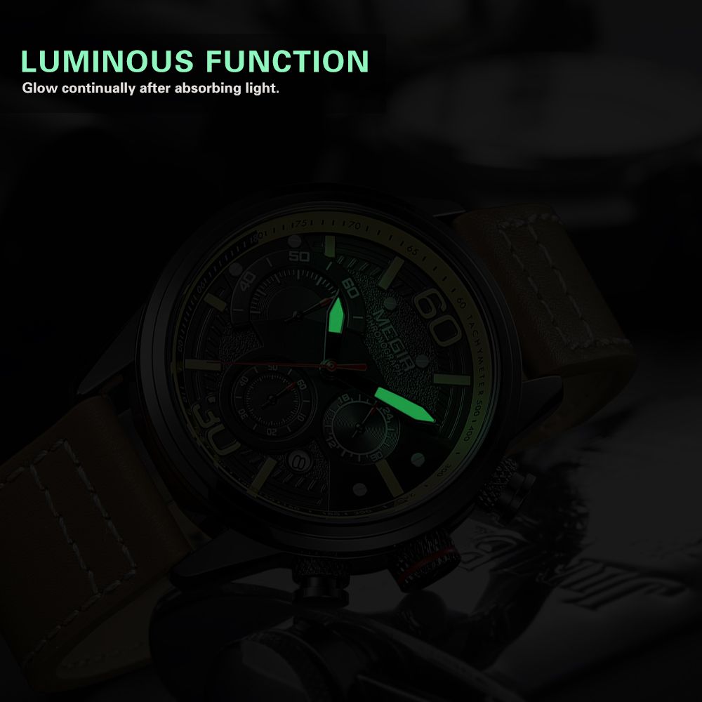MEGIR 2110 men's chronograph watch feature graphic showing luminous hands and markers glowing in the dark