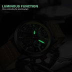 MEGIR 2110 men's chronograph watch feature graphic showing luminous hands and markers glowing in the dark