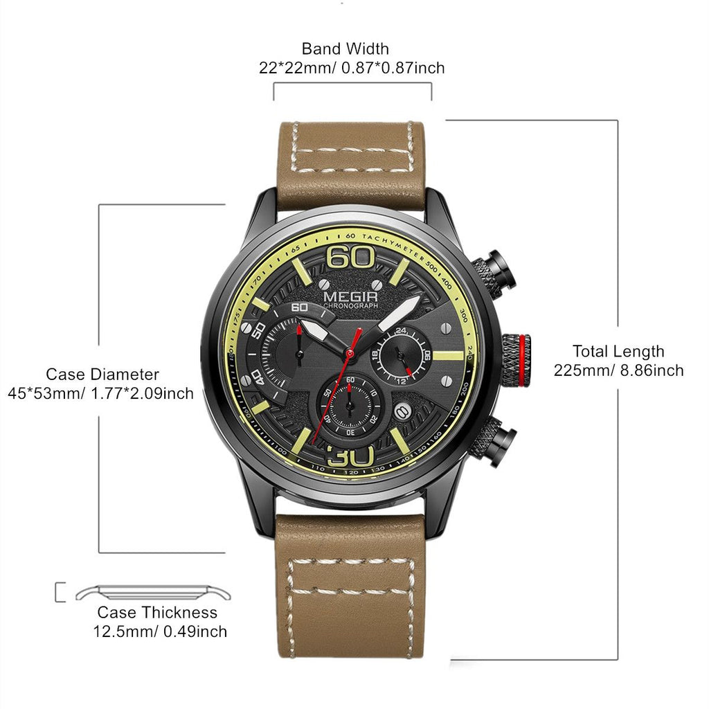 MEGIR 2110 men's chronograph watch parameters graphic with band width, case diameter and thickness