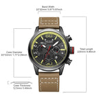 MEGIR 2110 men's chronograph watch parameters graphic with band width, case diameter and thickness