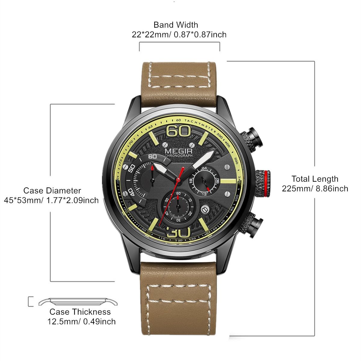 MEGIR 2110 men's chronograph watch parameters graphic with band width, case diameter and thickness