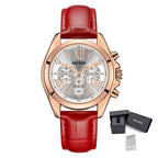 MEGIR 2114 women's chronograph watch, rose-gold case with white dial and red leather strap, with gift box