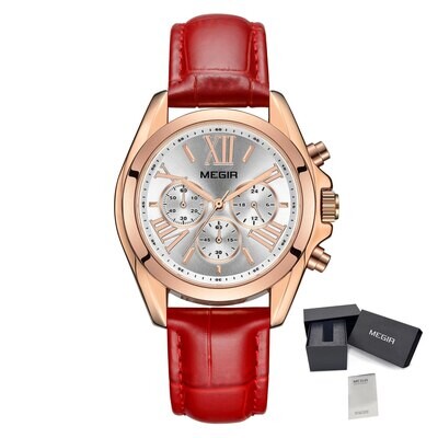 MEGIR 2114 women's chronograph watch, rose-gold case with white dial and red leather strap, with gift box