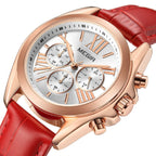 MEGIR 2114 women's chronograph watch, rose-gold case with white dial and red leather strap, three-quarter view