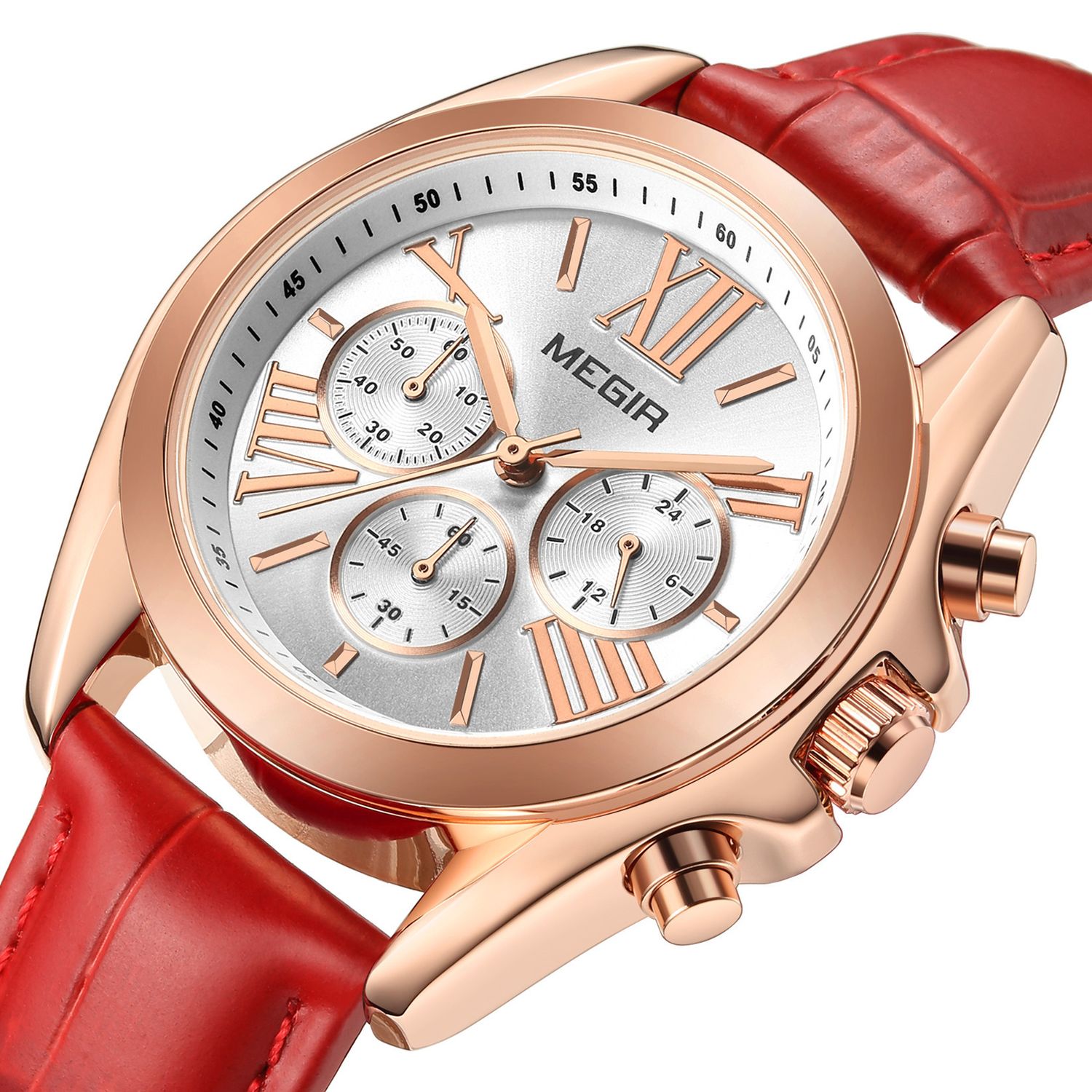 MEGIR 2114 women's chronograph watch, rose-gold case with white dial and red leather strap, three-quarter view