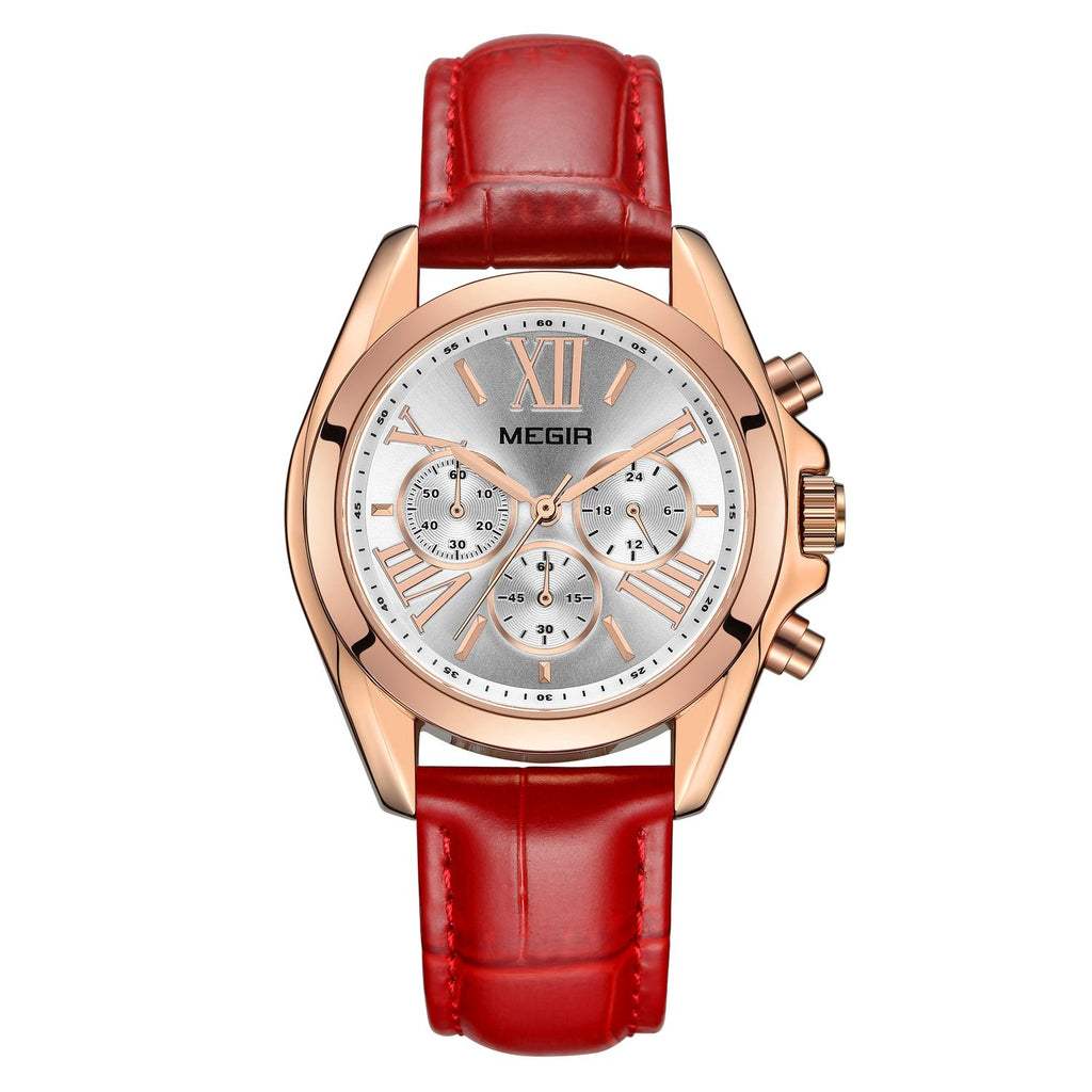 MEGIR 2114 women's chronograph watch, rose-gold case with white dial and red leather strap, front view