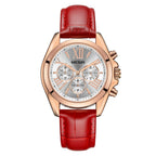 MEGIR 2114 women's chronograph watch, rose-gold case with white dial and red leather strap, front view