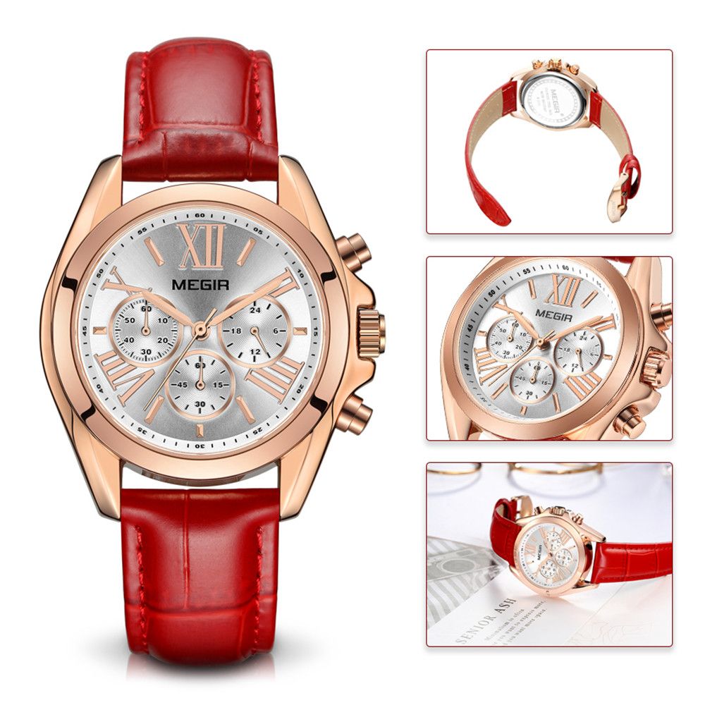 MEGIR 2114 women's chronograph watch, rose-gold case with white dial and red leather strap, front studio view