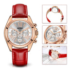 MEGIR 2114 women's chronograph watch, rose-gold case with white dial and red leather strap, front studio view