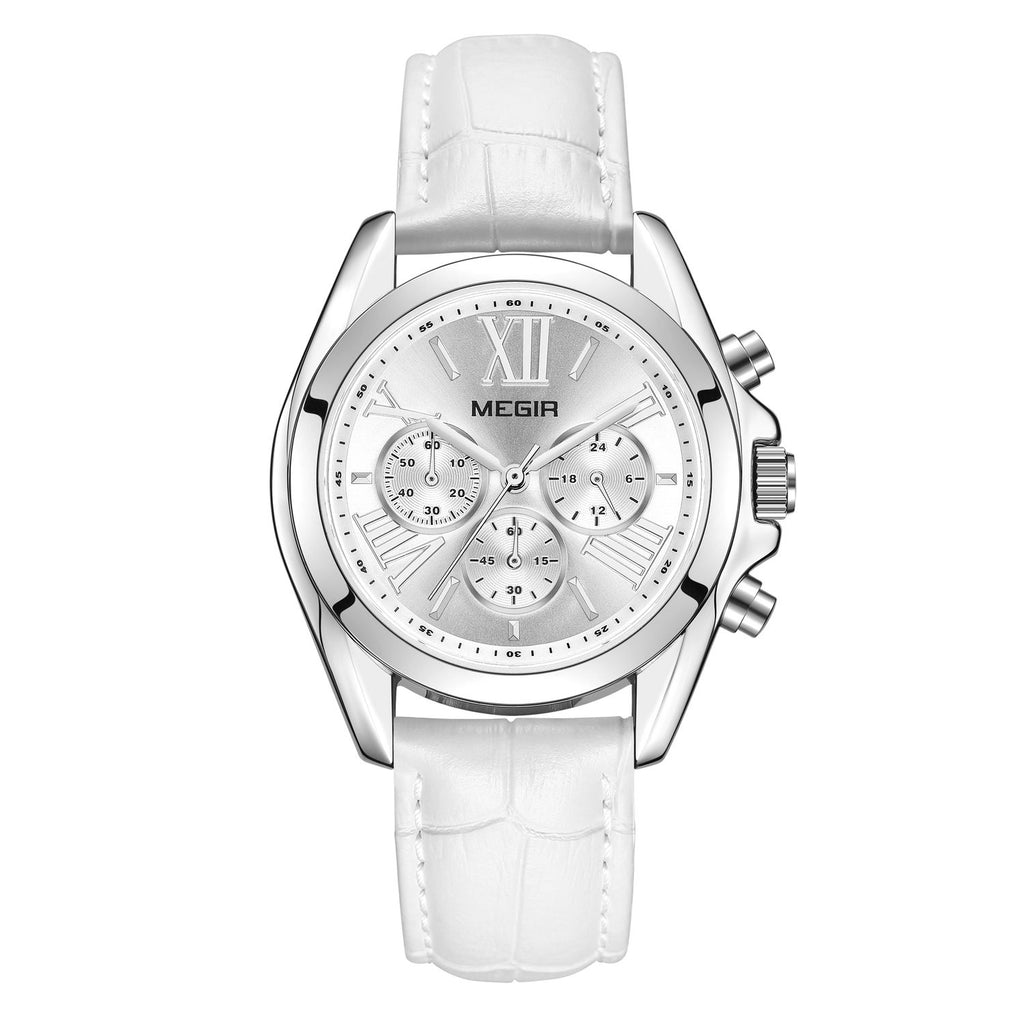 MEGIR 2114 women's chronograph watch, silver case with white dial and white leather strap, front view