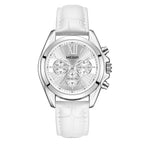 MEGIR 2114 women's chronograph watch, silver case with white dial and white leather strap, front view