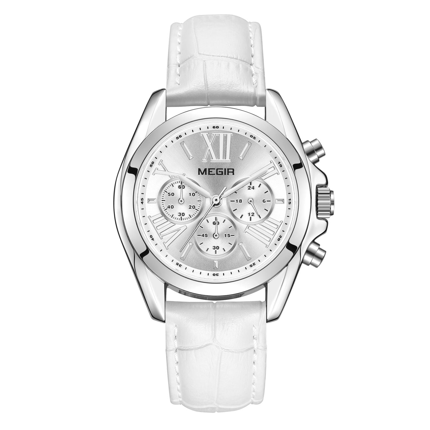 MEGIR 2114 women's chronograph watch, silver case with white dial and white leather strap, front view