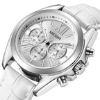 MEGIR 2114 women's chronograph watch, silver case with white dial and white leather strap, three-quarter view