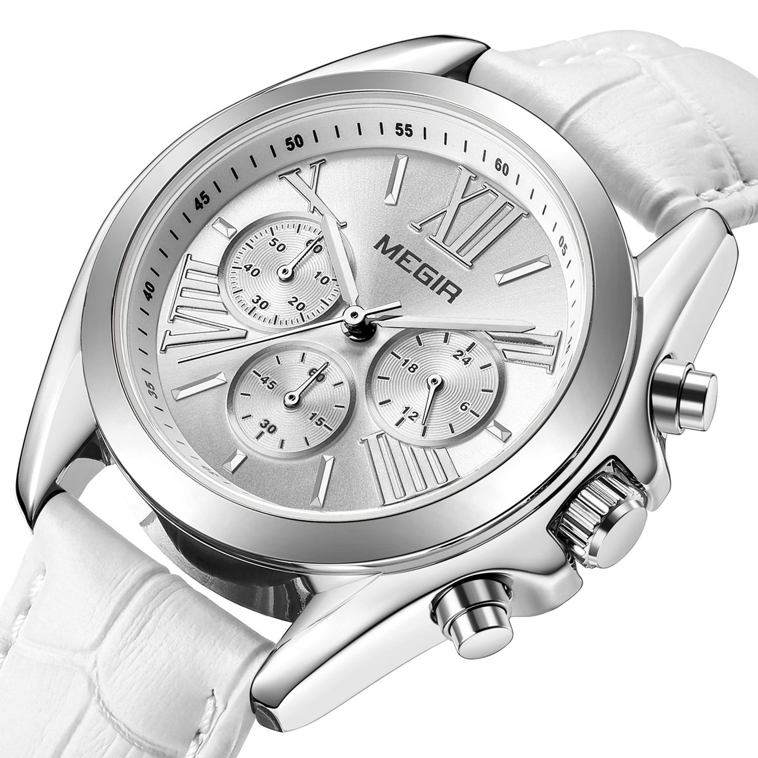 MEGIR 2114 women's chronograph watch, silver case with white dial and white leather strap, three-quarter view