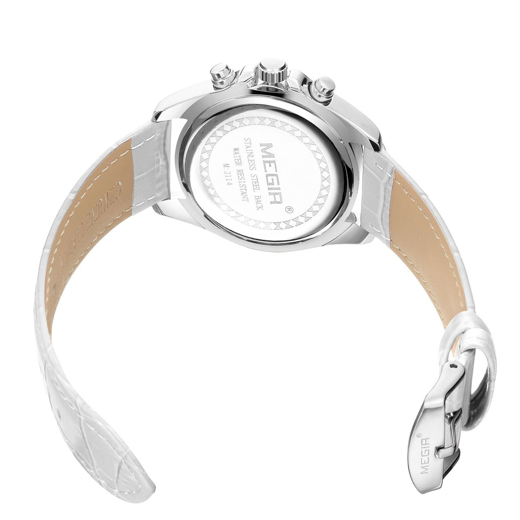 MEGIR 2114 women's chronograph watch caseback with engravings and white leather strap with buckle