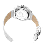 MEGIR 2114 women's chronograph watch caseback with engravings and white leather strap with buckle
