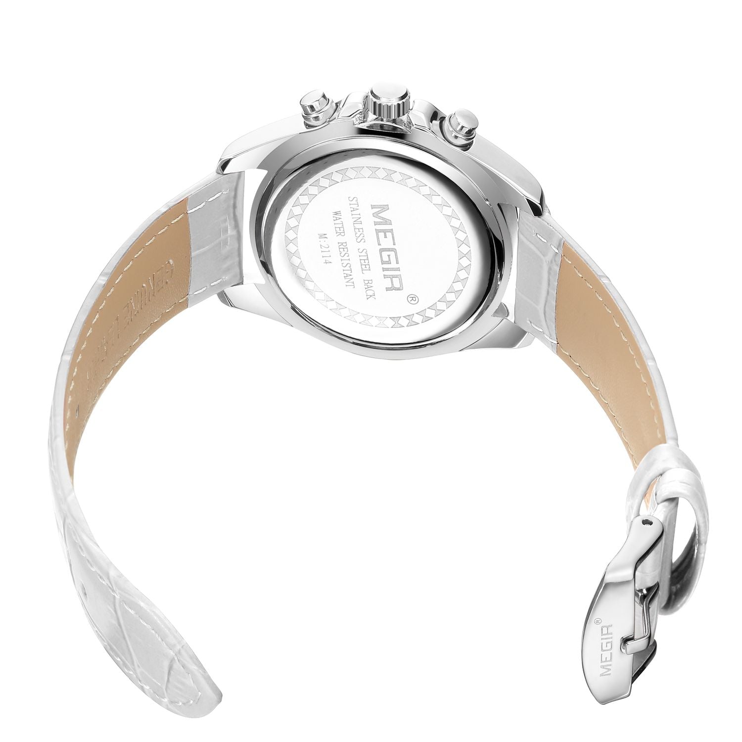 MEGIR 2114 women's chronograph watch caseback with engravings and white leather strap with buckle