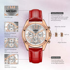 MEGIR 2114 women's chronograph watch feature graphic explaining the minute, second and 24-hour sub-dials