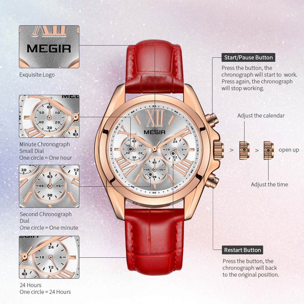 MEGIR 2114 women's chronograph watch feature graphic explaining the minute, second and 24-hour sub-dials