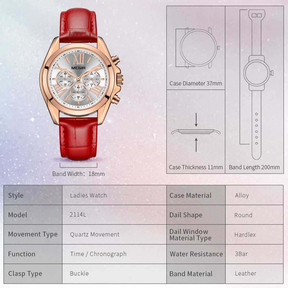 MEGIR 2114 women's chronograph watch specification graphic with case diameter, thickness and band length