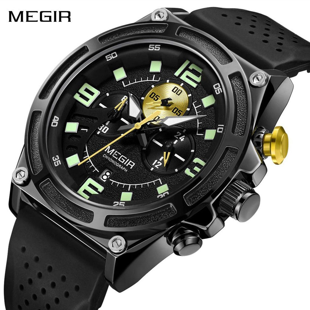 MEGIR 2116 men's chronograph watch, black case with black dial, green numerals and black silicone strap, front studio view