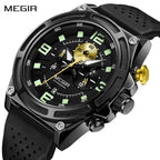 MEGIR 2116 men's chronograph watch, black case with black dial, green numerals and black silicone strap, front studio view